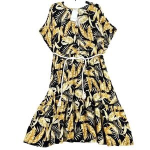 Wonderly Belted Midi Tropical Chic Dress Womens 3X Cotton Leaf Resort Vacation